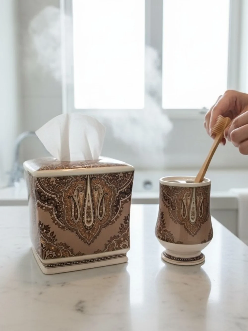 Croscill ceramic tissue box coverand Toothbrush Tan, Brown, and Gold Paisley.